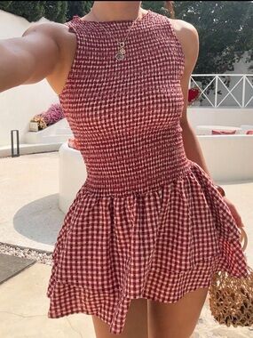 Red Gingham Smocked Mini Dress - Women's Summer Dress